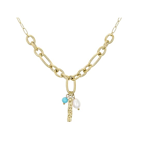 Turquoise Simulant And Freshwater Pearl Charm Necklace In Gold-Tone 18 Inch