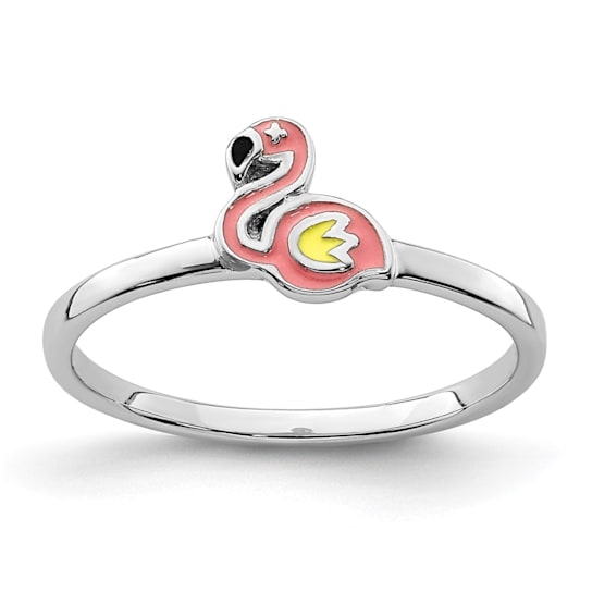 Rhodium Over Sterling Silver Multi-color Enameled Flamingo Children's Ring