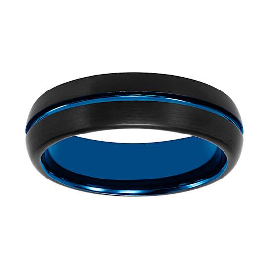 6.5mm Comfort Fit Band in Black and Blue Tungsten Carbide with Brushed Finish