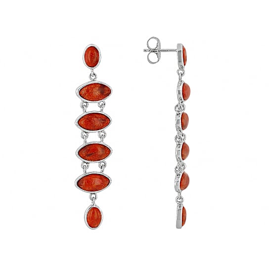 Red Coral Elongated Dangle Sterling Silver Earrings