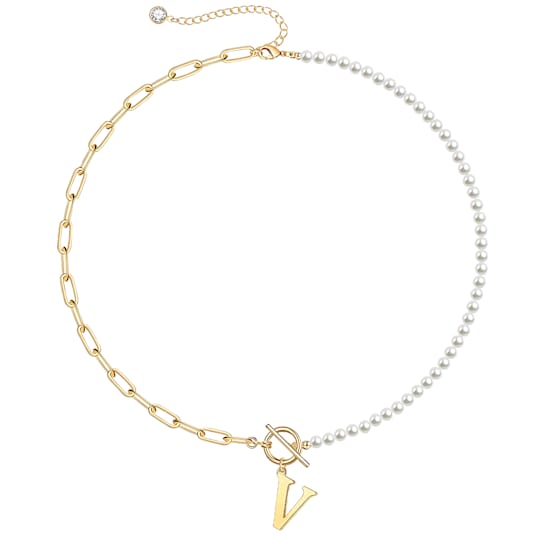Initial V Paperclip Link And Pearl Simulant Necklace In 14K Gold Over Brass