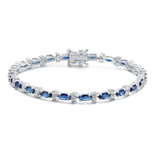 Sapphire Color CZ Station Tennis Bracelet In White Rhodium Over Brass