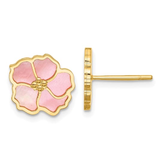 14K Yellow Gold Pink and White MOP Flower Post Earrings