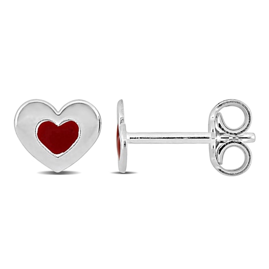 Children's Red and White Enamel Heart Stud Earrings in Sterling Silver