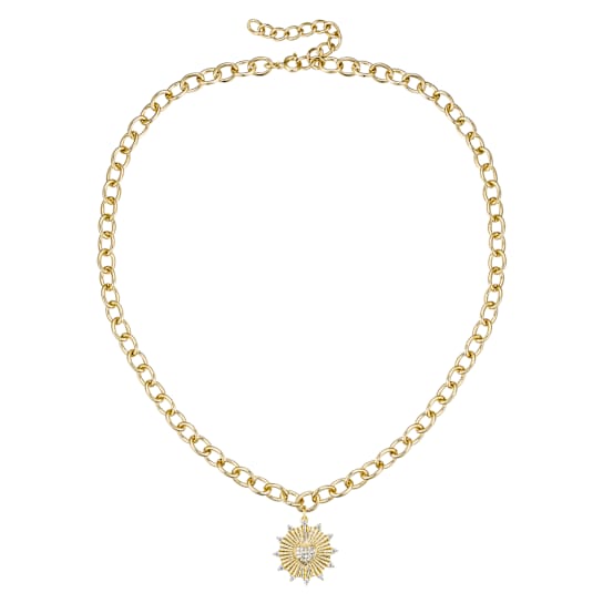 Vintage Shield CZ Pendant Curb Chain Necklace In 14K Gold Over Brass