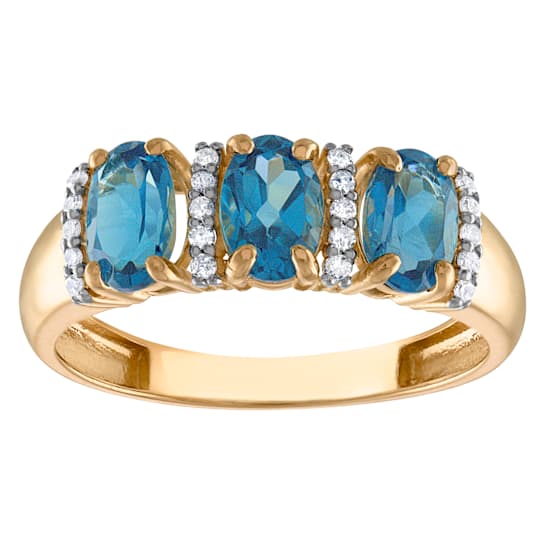 10K Yellow Gold Oval 3-Stone London Blue Topaz and Diamond Ring 1.0ctw