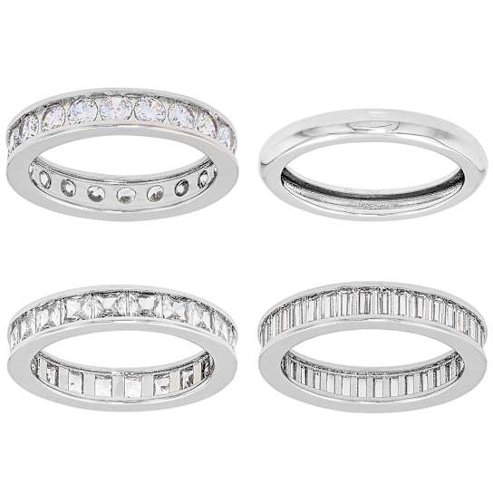 CZ Set Of 4 Stackable Band Rings In Rhodium Over Brass 10.82ctw