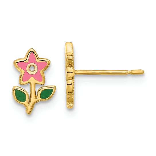 14k Yellow Gold Polished Children's Pink and Green Enameled Flower Stud Earrings
