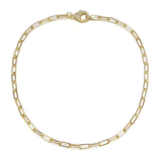 CZ Pave Clasp Paperclip Link Chain Necklace In 14K Gold Over Brass 16 Inch