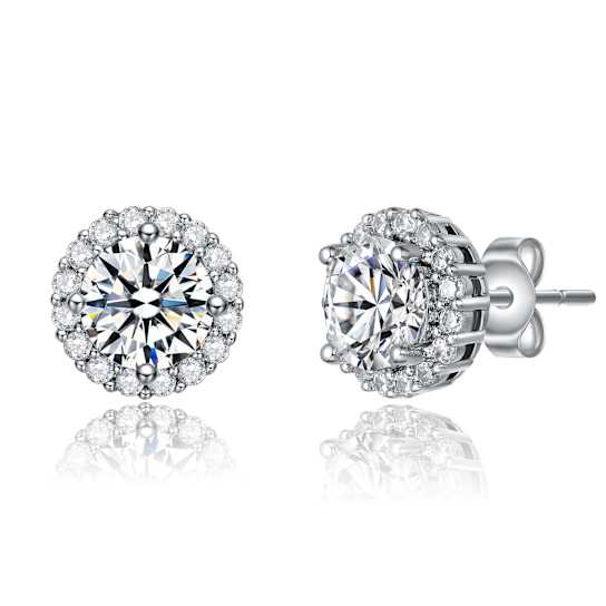 CZ Halo Stud Earrings In White Rhodium Over Brass