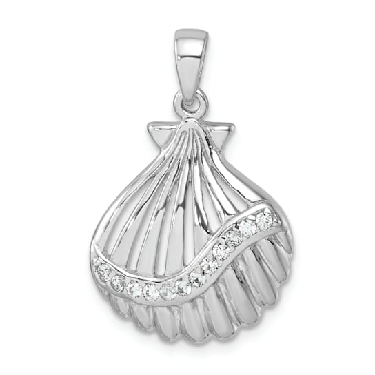 Rhodium Over Sterling Silver Polished Cubic Zirconia Scallop Shell Pendant