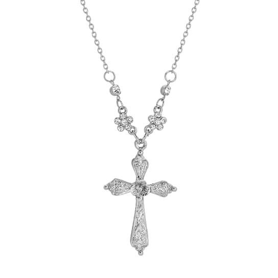 White Base Metal Cross Clear Crystal Necklace 16" Adj.