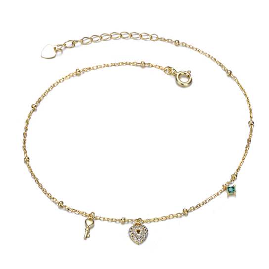 Emerald Color CZ Heart And Key Charm Bracelet In 14K Gold Over Brass