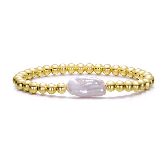 Baroque Pearl And Ball Bead Link Stretchable Bracelet In 14K Gold Over Brass