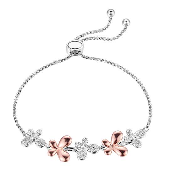 White Cubic Zirconia Two-Tone Brass Butterfly Bolo Bracelet 0.51ctw