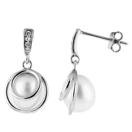 7-8mm white cultured freshwater pearl rhodium over sterling silver earrings