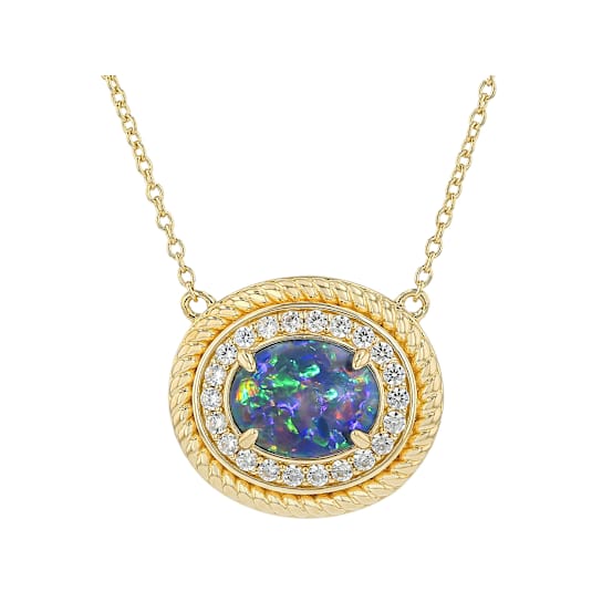 Opal Triplet And Zircon Halo Necklace In 18K Gold Over Sterling Silver 0.41ctw