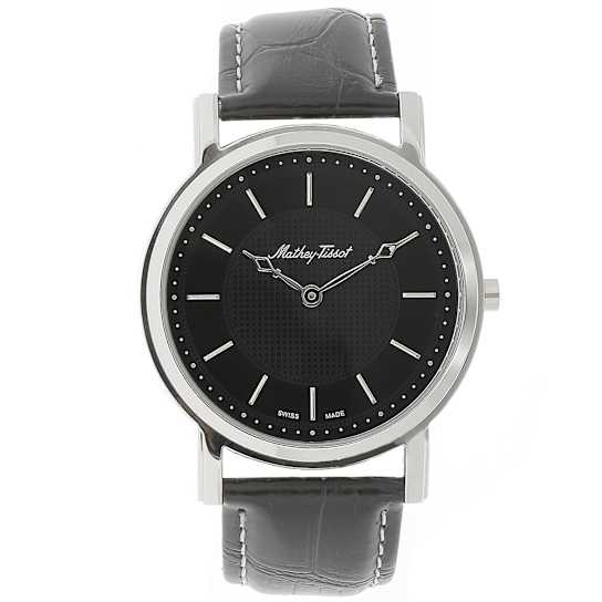 Mathey-Tissot Men's 42mm City Black Dial, White Bezel, Black Leather
Strap Watch