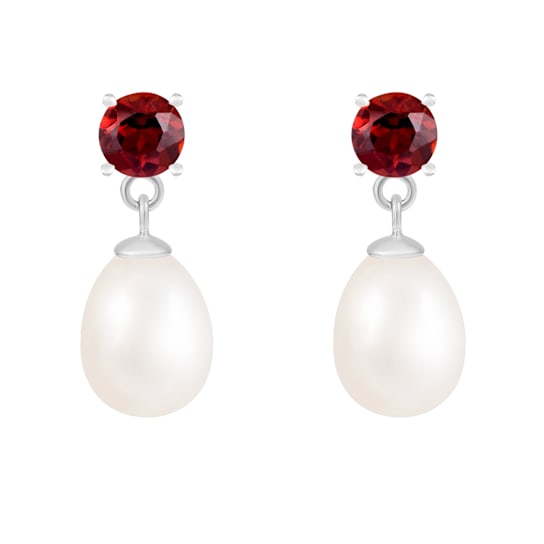 White Freshwater Pearl and Garnet Dangle Earrings In Sterling Silver