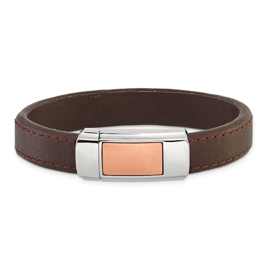 Brown Leather and Stainless Steel Rose IP-plated 7-inch Bracelet