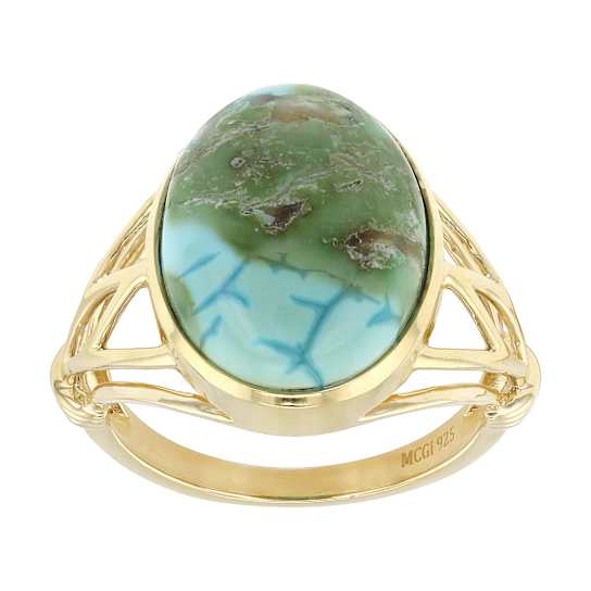 Bi-Color Turquoise Oval Ring In 18K Gold Over Sterling Silver 16x12mm