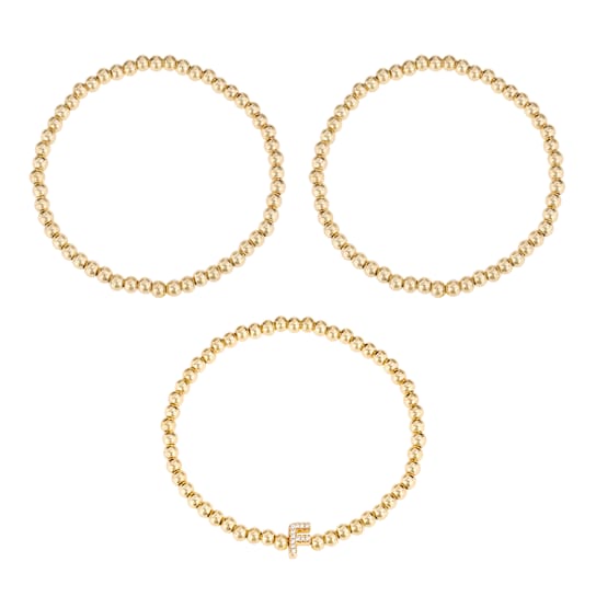 Initial F CZ Beaded Bracelet Set In 14K Gold Over Brass 0.12ctw