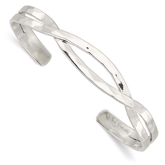 Hammered Criss Cross Flexible Cuff Bracelet In Sterling Silver