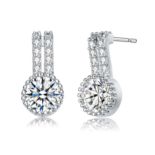 CZ Solitaire Milgrain Double Drop Earrings In White Rhodium Over Brass