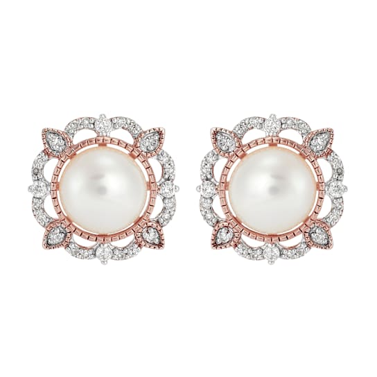 7mm Round White Freshwater Pearl and 0.18ctw Diamond 10K Rose Gold
Floral Stud Earrings