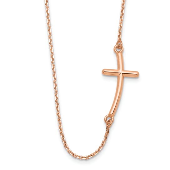 14K Rose Gold Large Sideways Curved Cross Necklace
