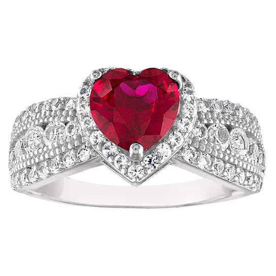 Sterling Silver Lab Created Heart Ruby and White Sapphire Ring 2.25ctw