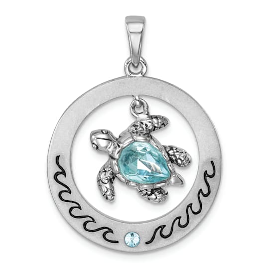 Rhodium Over Sterling Silver Round Moveable Crystal Turtle Pendant
