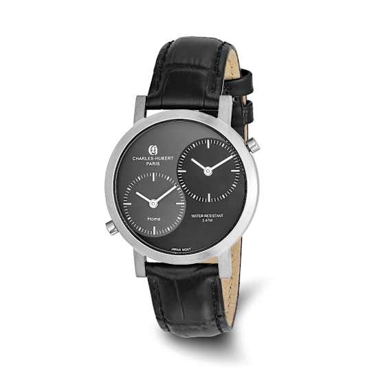 Charles Hubert Men's 37mm Black and Gray Dial Leather Dual Time Watch