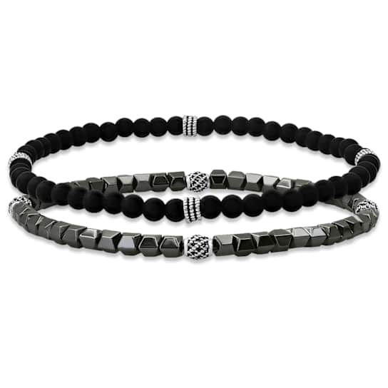 Black Lava Rock Beaded Stretch Bracelet Set