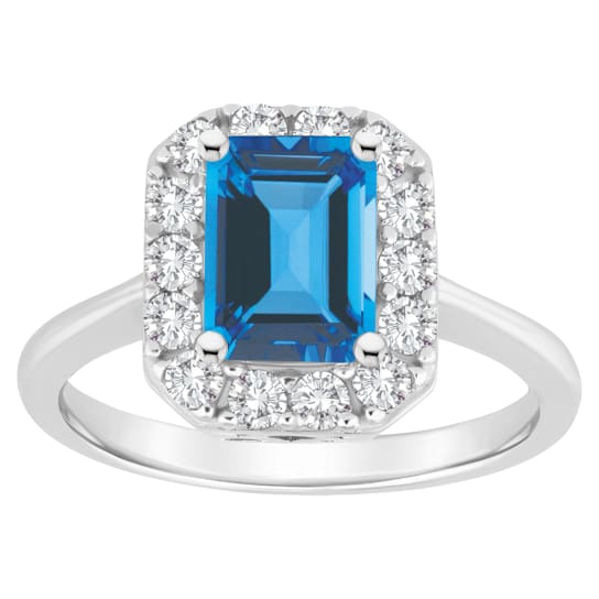 8x6mm Emerald Cut Swiss Blue Topaz And White Topaz Accents Rhodium Over
Sterling Silver Halo Ring