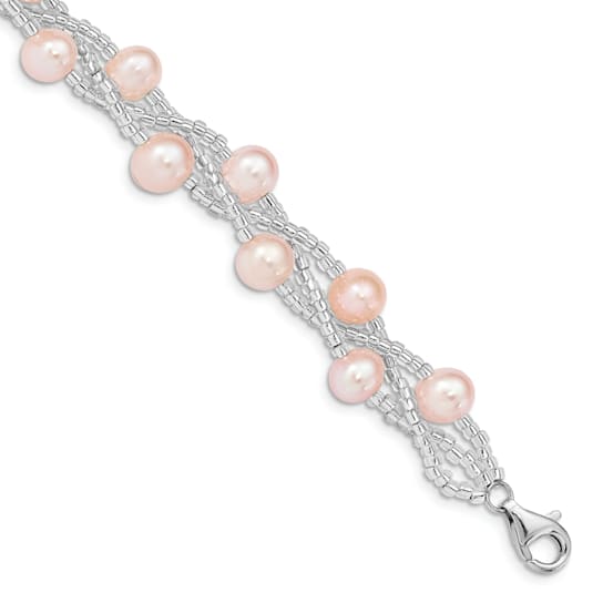 Rhodium Over Sterling Silver 7-9mm Pink Freshwater Cultured Pearl And
Glass Beaded Bracelet