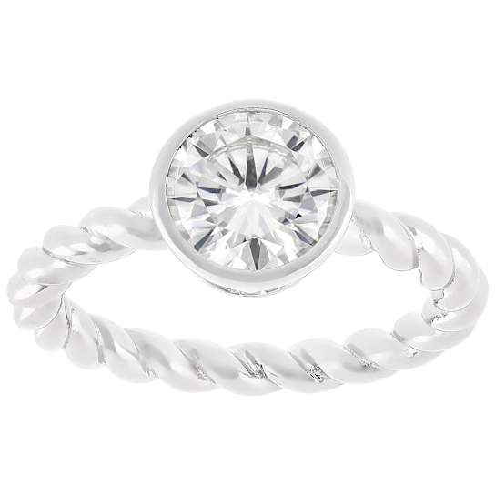 Bezel Set Moissanite Solitaire Ring With Rope Textured Band In White Metal