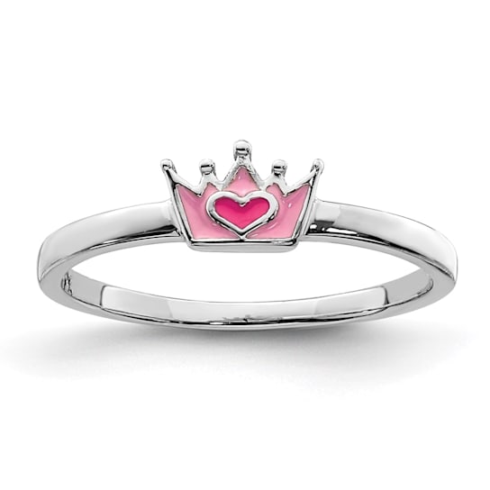 Rhodium Over Sterling Silver Polished Pink Enamel Crown Children's Ring