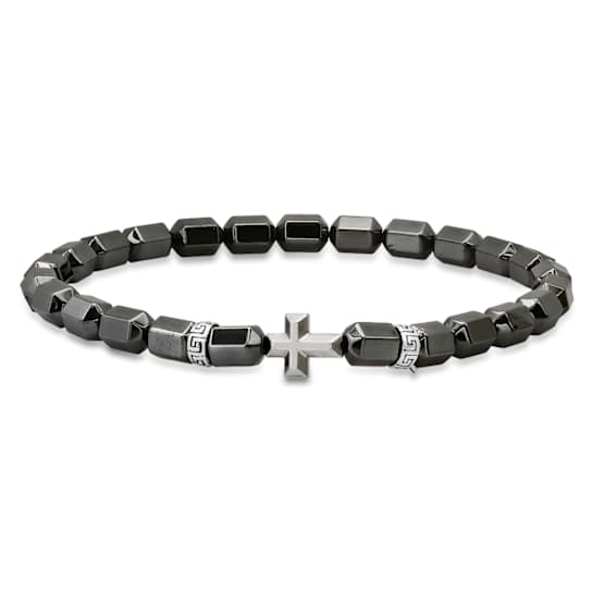 Black Hematite Cross Charm Beaded Stretch Bracelet In Sterling Silver