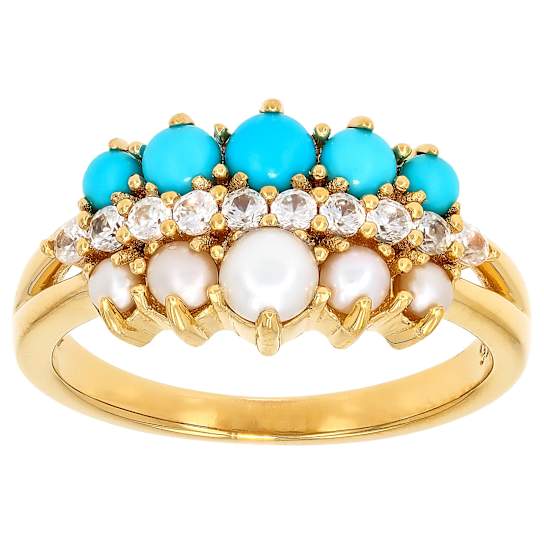 Turquoise And Pearl Ring In 18K Gold Over Sterling Silver