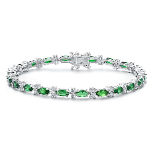 Emerald Color CZ Station Tennis Bracelet In White Rhodium Over Brass