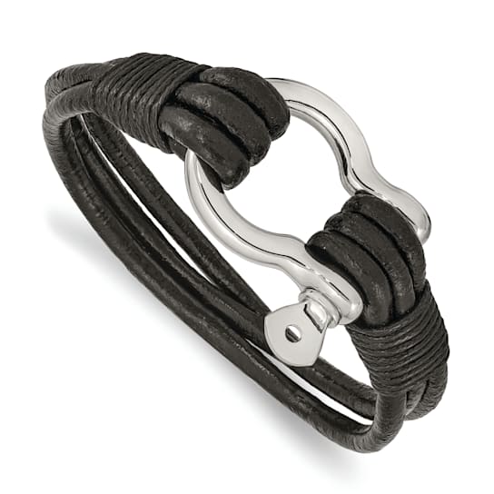 Black Leather and Stainless Steel Polished Multi Strand 8.5-inch Shackle Bracelet