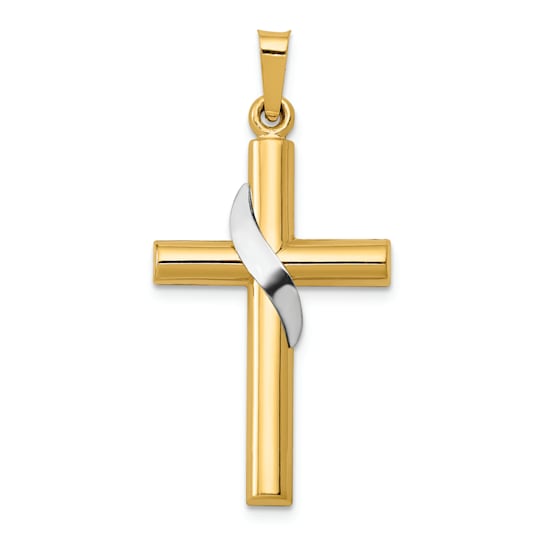 14K Yellow and White Gold Hollow Cross with Drape Charm