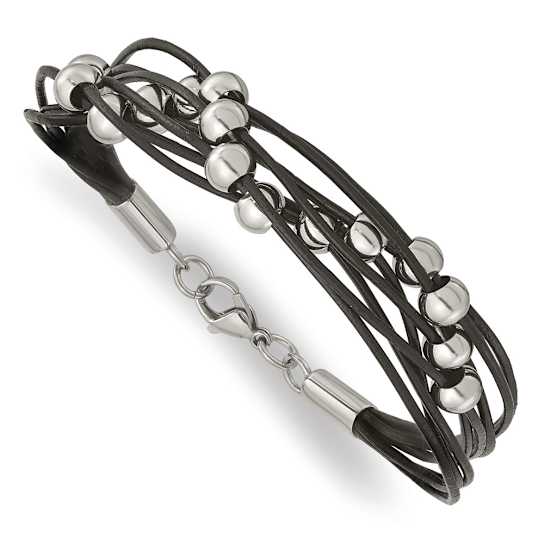 Black Leather and Stainless Steel Polished Beaded Multi-Strand 8-inch Bracelet