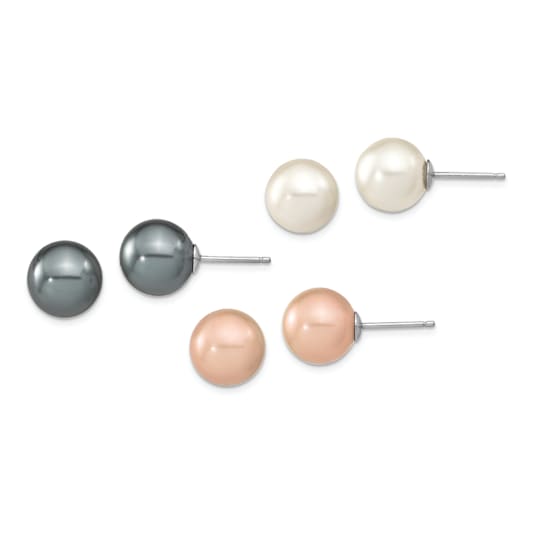 Rhodium Over Sterling Silver 10-11mm White/Pink/Black Imitaion Shell
Pearl Earring Set