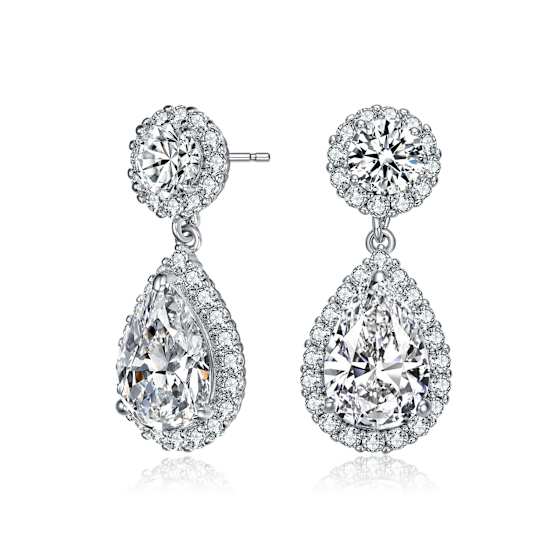 Pear Shape CZ Halo Drop Earrings In Sterling Silver