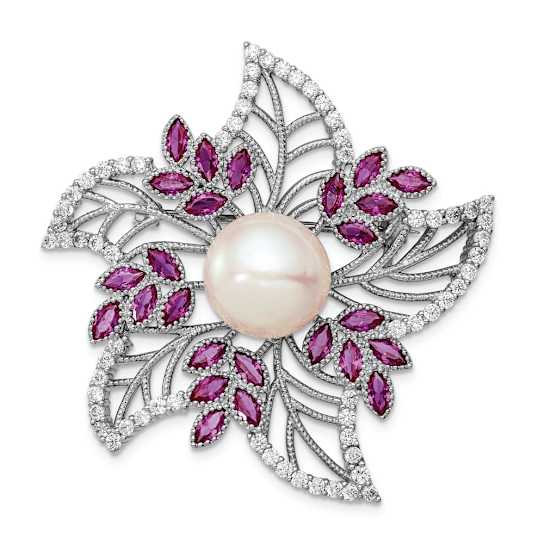 Rhodium Over Sterling Silver 10-11mm White Freshwater Pearl Cubic
Zirconia Pink Corundum Pin