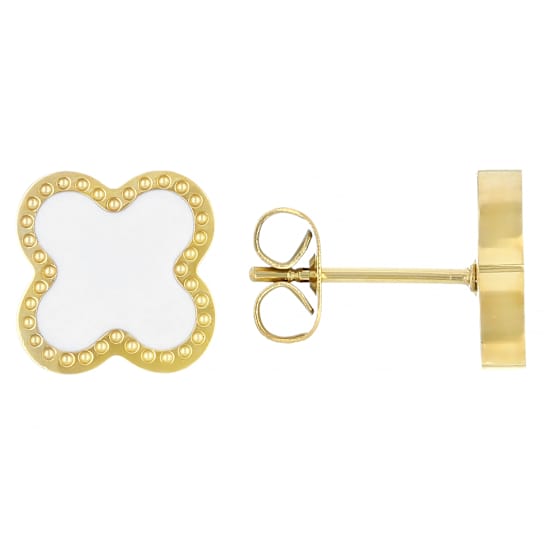 White Enamel Clover Gold-Tone Stud Earrings