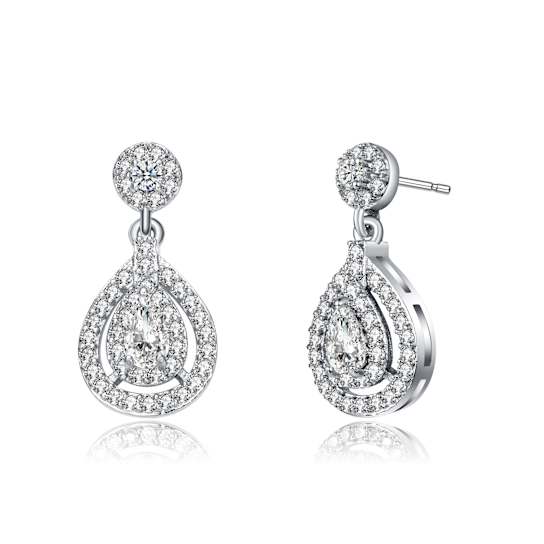 Pear Shape CZ Halo Drop Earrings In White Rhodium Over Brass