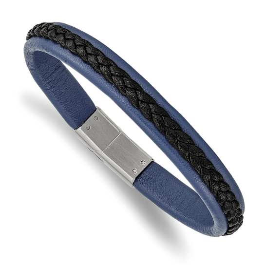 Black and Blue Faux Leather and Stainless Steel Polished 8.25-inch Bracelet